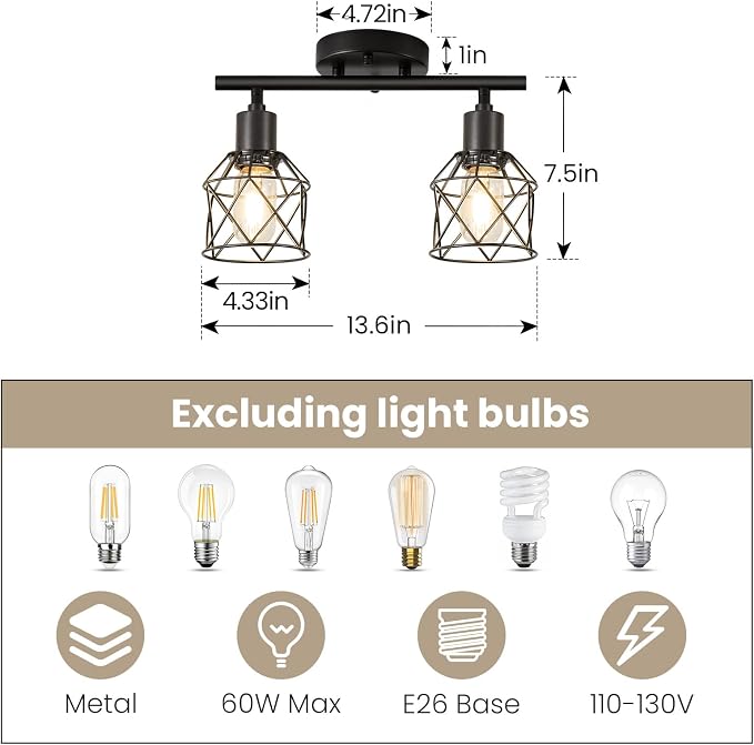 2-Light Kitchen Track Lighting, Island Lights, Farmhouse Ceiling Light | Adjustable Light Heads Rotate To Direct Light Where Needed, With Standard E26 Base For Kitchen Hallway Dining Room
