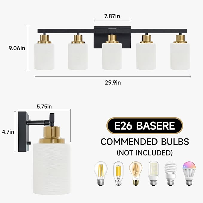 Bathroom Vanity Light, 5-Light Vanity Lighting Black and Gold,30" | Black and Gold Wall Light Fixture,Bathroom Light Fixtures with Frosted Glass Shade for Mirror Bedroom Restroom Sink