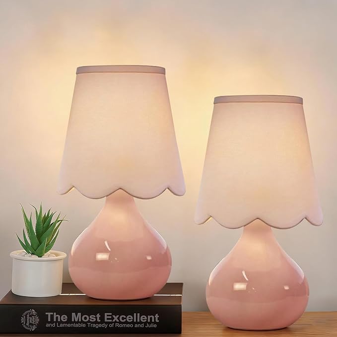 ILLMTW Pink Table Lamp Set of 2,Small Gold Bedside Lamps Dimmable Boho Bedroom Lamp with Tulip Flower Glass Lamp Shade,Vintage Mid Century Modern Mini Nightstand Lamp for Bedroom Living Room