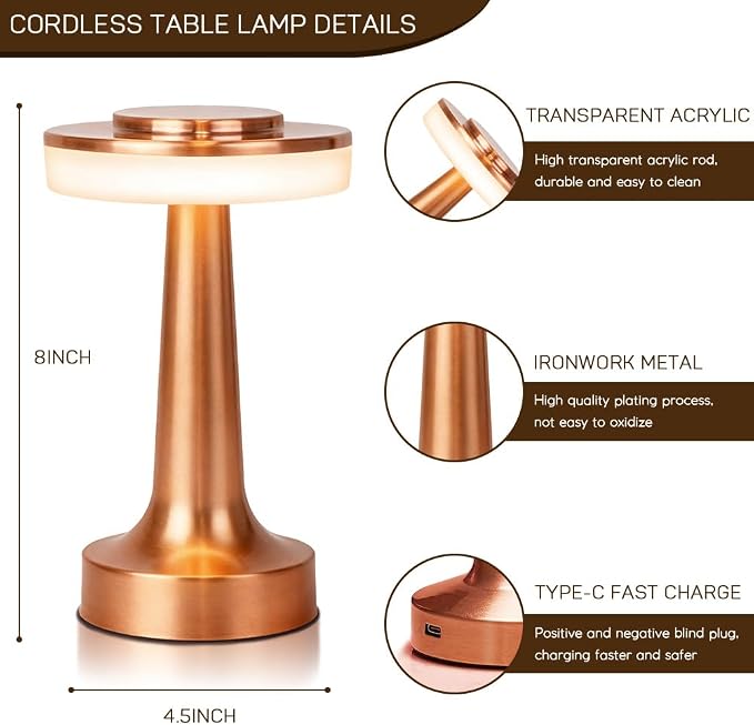JHPGEOE Cordless Metal Desk Lamp, Touch Sensor Control LED Table Lamp,3 Color Stepless Dimmable Battery Powered Lamp for Living Room, Dorm, Home Office (Rose Gold)