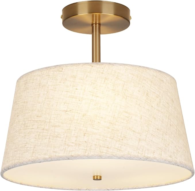 CALOKES Cone-Shaped Semi Flush Mount Modern Ceiling Light Fixture, 3-Light Drum Lamp with Gold Brass Finish and Beige Fabric Shade for Bedroom, Kitchen, Dining Room, Hallway, Entryway, and Foyer