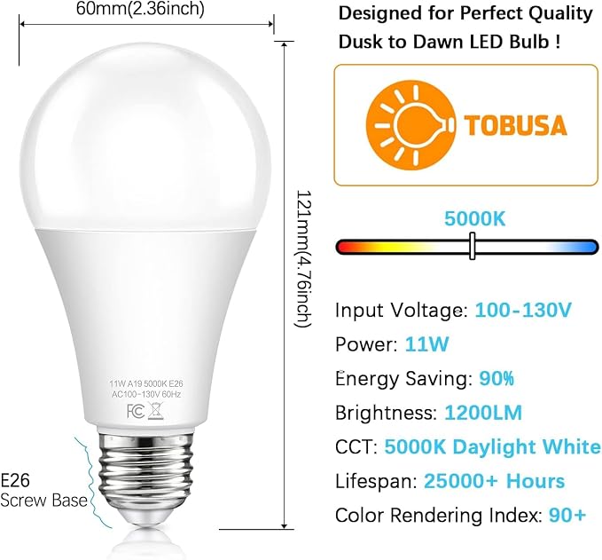 Dusk to Dawn Light Bulbs Outdoor 100 Watt Equivalent, 11W Automatic On/Off Sensor Light Bulb Daylight 5000K, A19 Outdoor LED Light Bulbs Photocell for Porch Garage Yard Security, E26 Base, 12-Pack