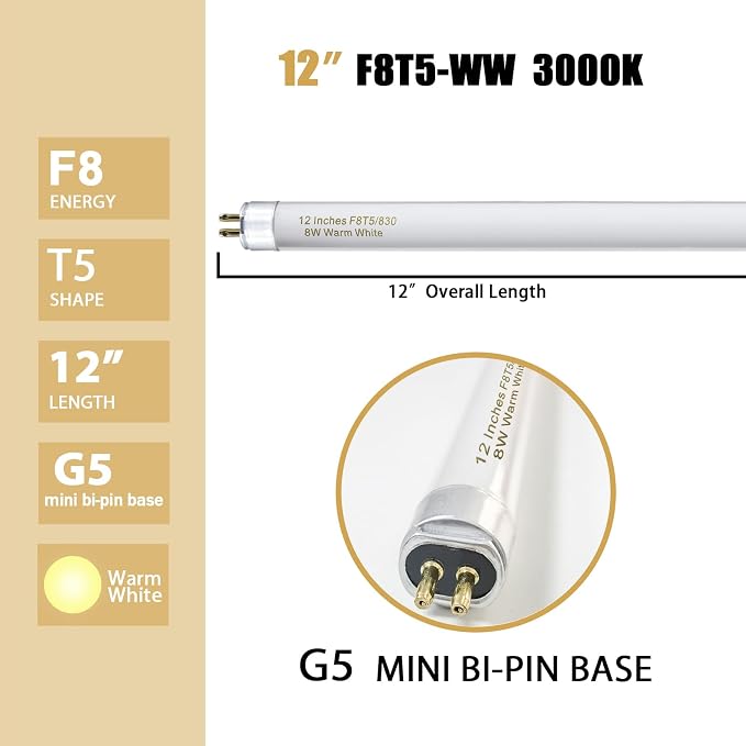 Konideke 8 Pack F8T5/WW Fluorescent Bulbs Warm White 3000K, 12 inch Under Cabinet Light Bulb, T5 8 Watt Fluorescent Tube Soft White, G5 Mini Bi 460 Lumens No Dimmable