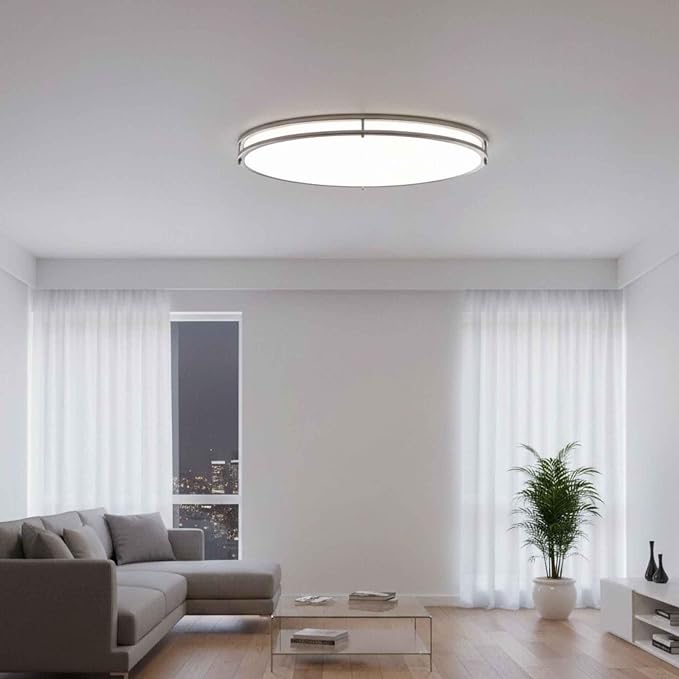 24 Inch Oval Brushed Nickel Ceiling Light-Flush Mount LED Ceiling Light 3000K/4000K/5000K Adjustable Brushed Nickel LED Bathroom Bedroom Lights 24” Kitchen Lamp, 32W, 2100LM, Steel and Polystyrene