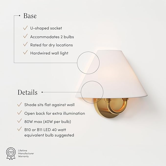 Nathan James Shoal Modern Wall Light Fixture with White Linen Lamp Shade and Vintaged Brass Metal Base for Bedroom or Living Room, Set of 2