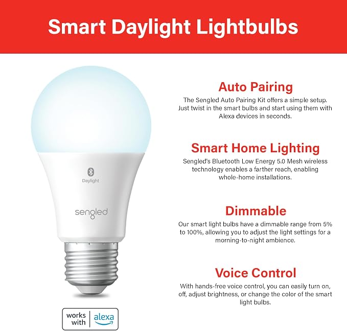 Sengled Alexa Light Bulb, Smart Light Bulbs That Compatible with Alexa Only, Bluetooth Mesh Standard A19 E26 Dimmable LED Bulb Daylight 5000K, 60W Equivalent 800LM, High CRI, High Brightness, 6 Pack