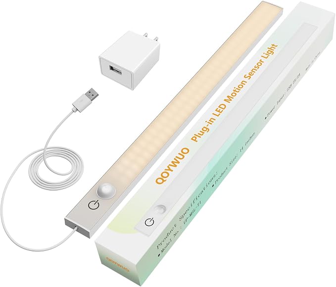 USB Plug-in Motion Sensor Light, Night/Day/ON Modes, Bright&Dimmable | 2-Row LED, 14" Under Cabinet Lighting Indoor for Kitchen, Cabinet, Closet - 3000K Warm White, 1-Bar