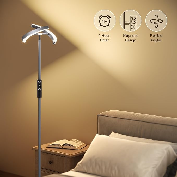 SUNMORY Floor Lamp for Living Room, 28W Bright LED Lamp with Remote Control | 1600lm Dimmable Rotatable Standing Light, 74" Tall Modern Reading Torchiere Uplighter for Bedroom Office Corner, Gray