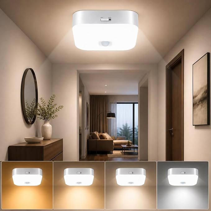 Rechargeable Motion Sensor Ceiling Light Indoor Closet Light with Remote | Battery Operated Ceiling Light with Timer - Wireless Dimmable Magnetic Mount Shower Lamp for Bathroom/Stairs/Garage/Hallway
