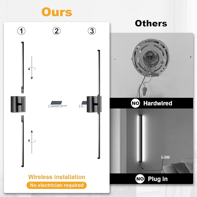 Battery Operated Wall Sconce, 3000K-6000K Dimmable Gold Wall Lights with Remote Control, Timable LED Wireless Wall Sconces, 350° Ratate for Bathroom, Living Room, Hallway 39.4 Inch 1 Pack