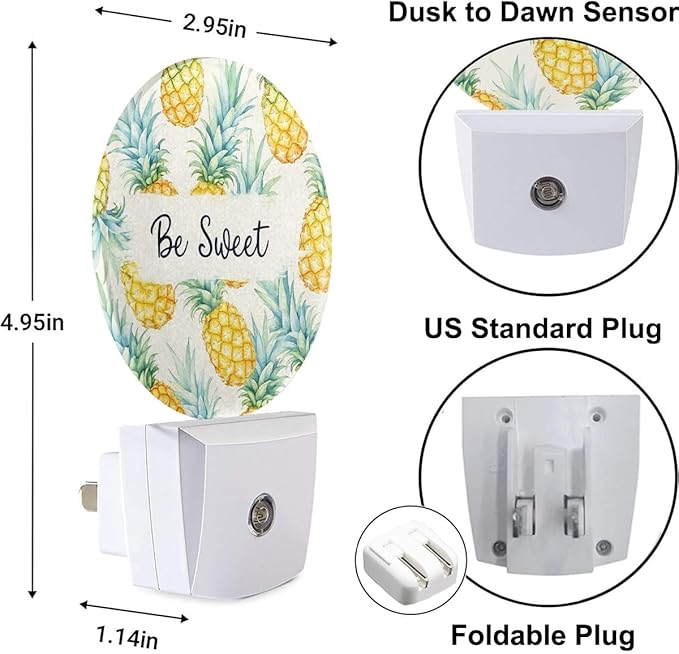 Plug-in Watercolor Pineapple Night Light Be Sweet Nightlight with Dusk to Dawn Sensor, Auto On/Off 0.5W Energy-Saving LED Lighting for Men Women Boys Girls Gift