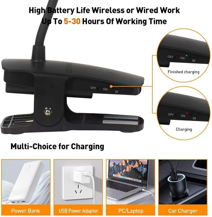 Cordless Rechargeable Clip On Desk Lamp Thick Flexible 360° Gooseneck | 450 Lumen Eye Protect Light,30 Custom Lighting Modes,5-30H Long Life Battery for Bed Headboard Desk Puzzle Craft ,Black 1 Pcs