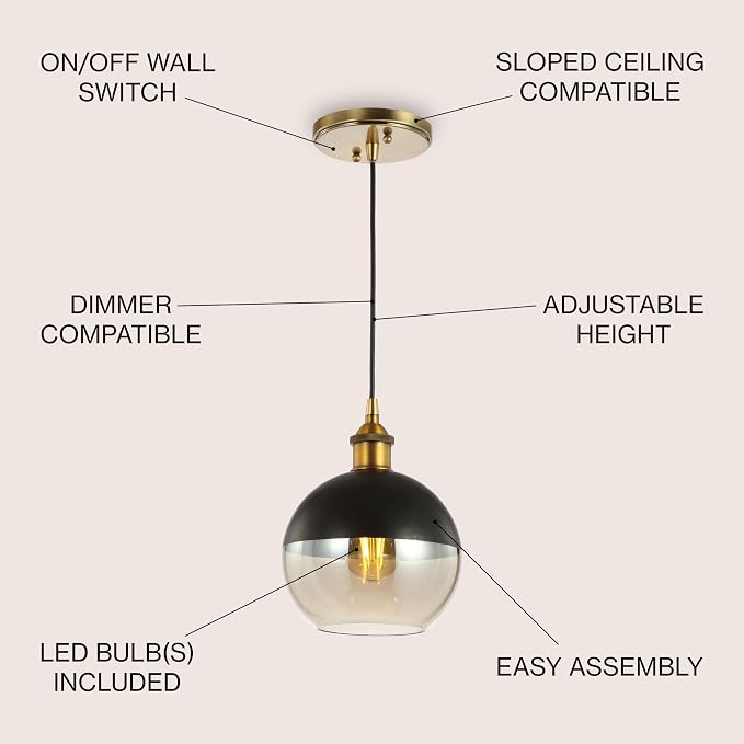 JONATHAN Y Nixon 1-Light 7.5" Globe Pendant, Brass Gold/Black | Mid-Century Modern, Adjustable, Champagne Smoked Glass Shade, LED Bulbs Included, Metal/Glass Kitchen Island Ceiling Fixture