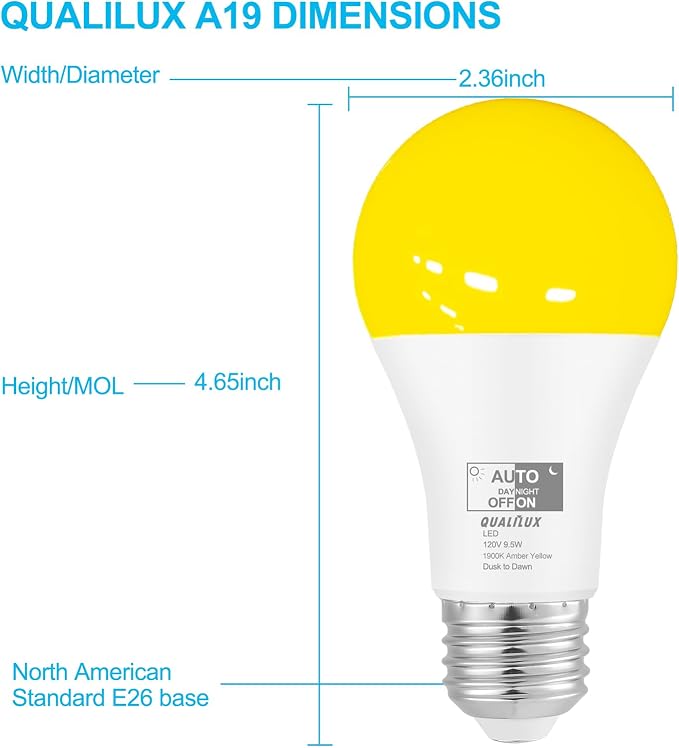 Qualilux Dusk to Dawn A19 LED Bug Light Bulbs Outdoor, 1900K Amber Yellow, 600 Lumen, LED 9.5W, E26, 2-Pack, HQ-H017