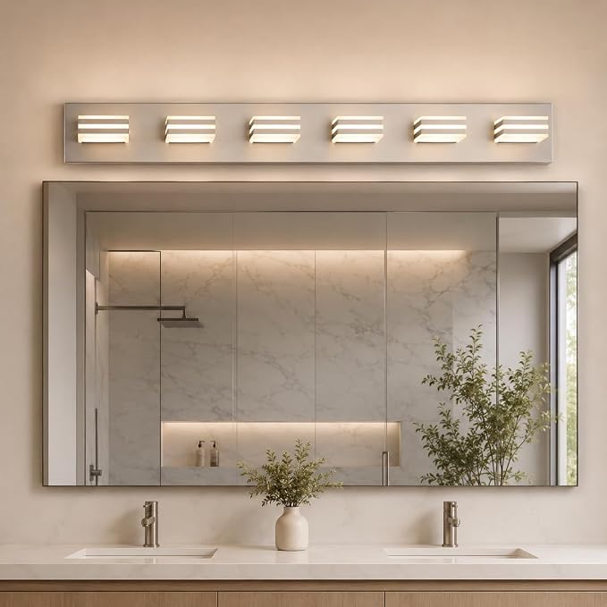 6-Light Brushed Nickel Vanity Light for Double Sink Bathroom, 41 Inch 48W 5CCT Dimmable LED Over Mirror Wall Fixture, Hardwired Light with Clear Acrylic Shade