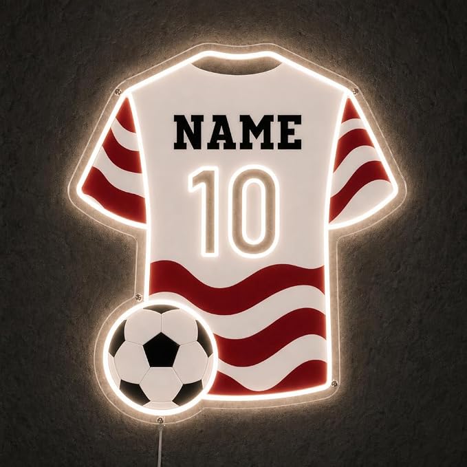 Custom Soccer Jersey Neon Sign, Personalized Name Number world cup Football Jersey Neon Light with Soccer Ball, Customizable USB LED Wall Decor for Boys Bedroom, Game Room, Man Cave, Sports Bar, Fan Club, Party,Soccer Gifts