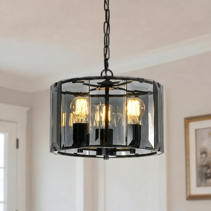 Black Chandeliers for Dining Room,3-Light Pendant Lights Kitchen Island Round, Height Adjustable Modern Dining Room Light Fixture over Table for Kitchen Entryway Foyer Living Room, UL Listed, 13 Inch