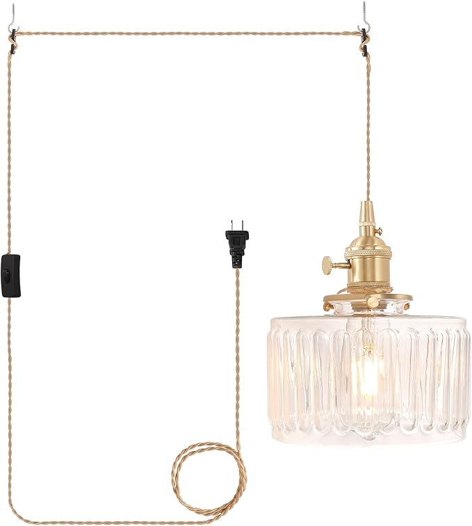 Plug in Pendant Light Hanging Light Fixtures with Plugin Cord On/Off Switch,Clear Striped Glass Lampshade Brass Pendant Light