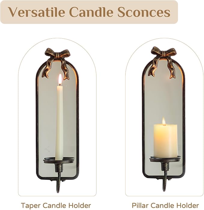 Mirror Wall Candle Sconces Set of 2: Black Metal Frame with Bow | Arched Wall Candle Holder, Detachable Bow, for Taper or Pillar Candles, for Fireplace, Hallway and Bedroom