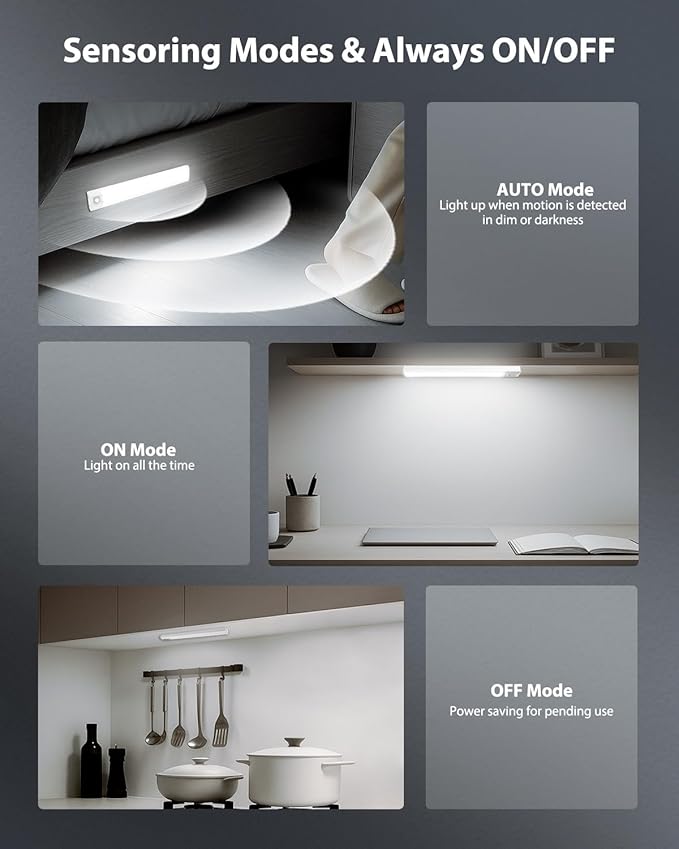 10” Under Cabinet Lighting, 68LEDS Motion Sensor Light Indoor, Rechargeable Battery Magnetic Closet Light, Wireless Under Counter Lights for Kitchen, Stairs, 2-Pack Daylight