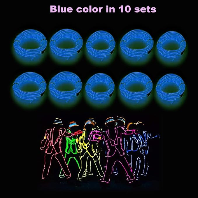 MaxLax EL Wire Blue 10-Pack, 9ft/2.75m Neon Light Wire with Noise Reduction and Battery Pack…