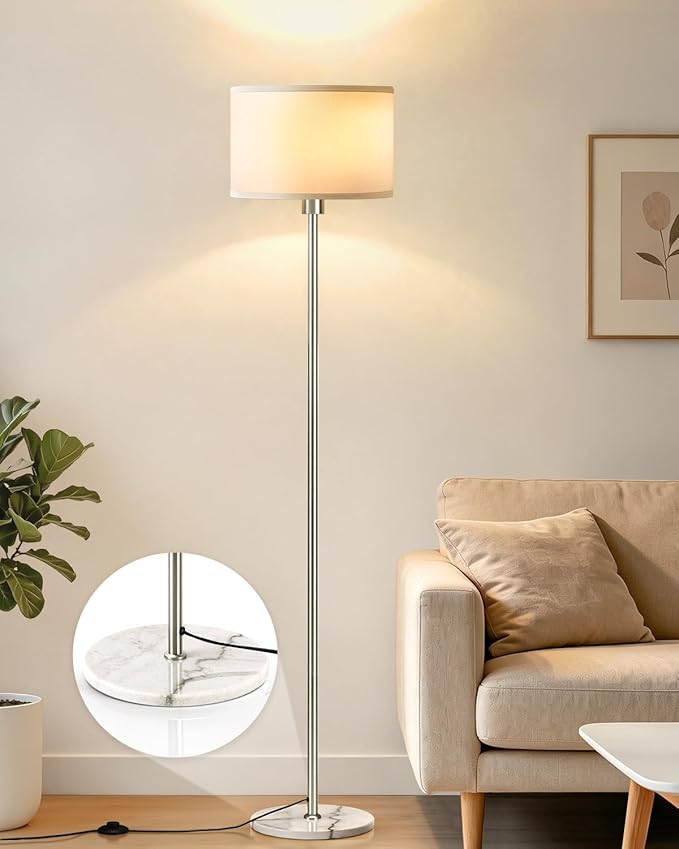 63" Silver Floor Lamps for Living Room, Standing Lamp with Marble Base | Tall Pole Light with White Linen Shade, Modern Floor Lamp for Bedroom Reading Office Corner Nursery, Bulb Included