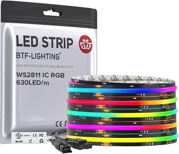BTF-LIGHTING WS2811 Smart IC RGB FCOB COB LED Strip, UL Listed 630LEDs/m High Density Color Chasing Uniform Light, DC12V 12FT 10mm Width Black PCB for Home Party DIY Decor(No Adapter or Controller)