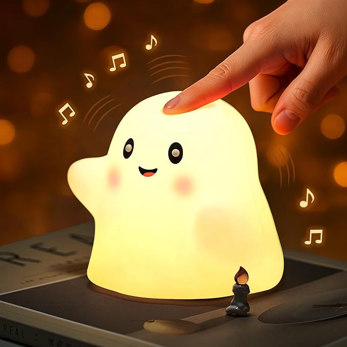 Ghost Night Light for Kids – Gift & Fun Toy for Kids, Touch Tap Lamp with Sounds, Squishy Silicone, Eye-Safe LED, 30-Min Timer, Dimmable Rechargeable Bedside Table Lamp – Gift for Boys & Girls