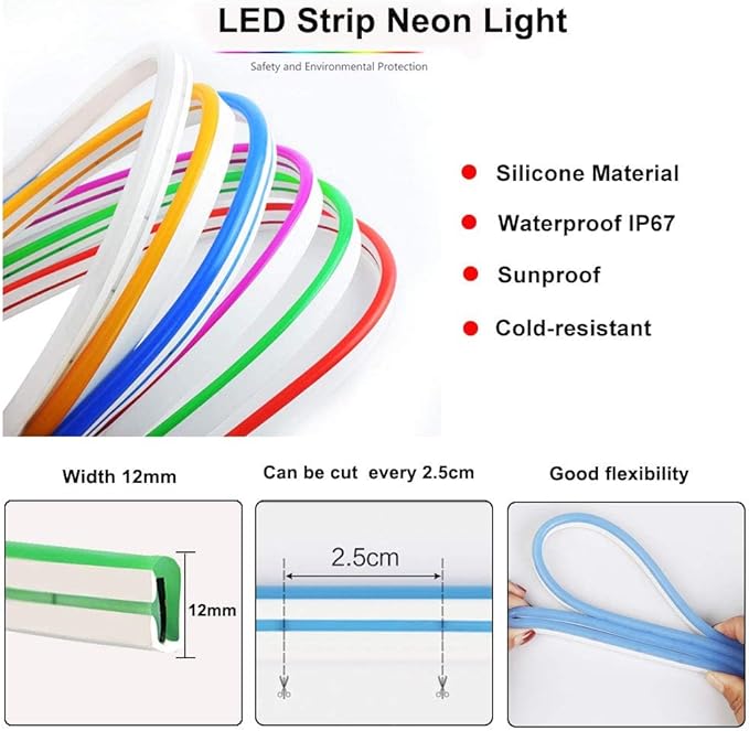 YM E-Bright Blue Led Neon Strip Lights Without Power Supply, 12V Indoor Outdoor 16.4Ft 600SMD Silicone Waterproof Flexible for Signboard Bar Home TV Kitchen Bedroom Party Wedding Holiday Decoration