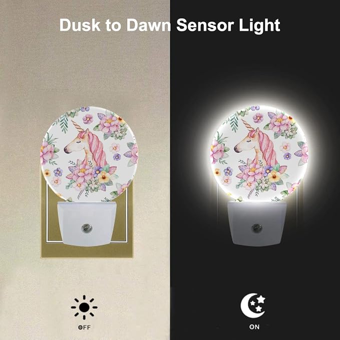 EKOBLA Unicorn Night Light, Pink Unicorn Among Flowers Night Lights Plug Into Wall with Auto On/Off Sensor for Girls Bedroom, Nursery and Indoor Home Decor