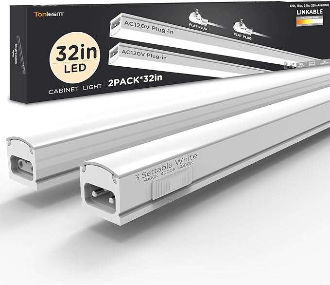 Under Cabinet Lighting Plug in 32in 2Pack AC120V 3CCT 3000/4000/5000K, Super Bright,Linkable Under Counter Lights for Kitchen, Ultra Slim LED Cabinet Light,ETL White