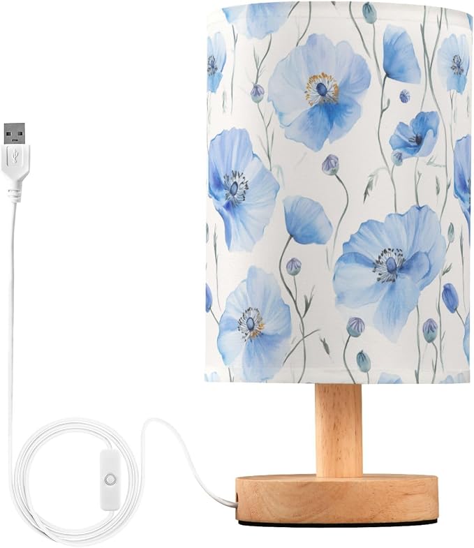 Light Blue Poppy Flowers Blue and White Bedside Table Lamps with USB Port for Bedroom Lamp Accent Table Lamp Small Nightstand Lamp Sturdy Linen Shade Wooden Decorative Lamps for Office Dorm Home
