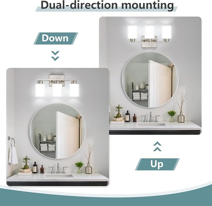 Brushed Nickel Bathroom Light Fixtures Vanity Lighting Over Mirror | 3-Light Modern Wall Sconces with Milky White Frosted Glass Shades for Restroom (E26 Socket)