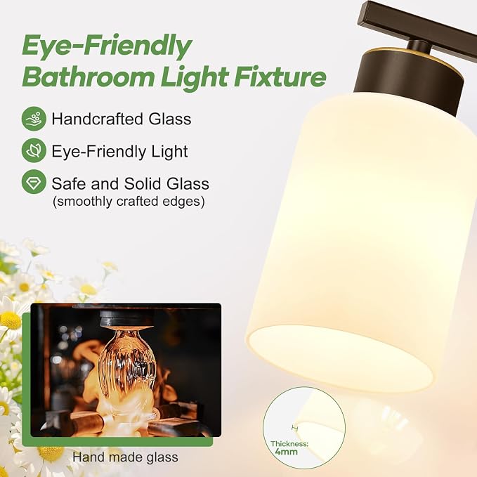 3-Light Bathroom Light Fixtures, Brown and Gold Vanity Light with Milky White Frosted Glass Shades, Modern Vanity Lighting Fixtures for Bathroom, Mirror, Bedroom, Hallway, Living Room