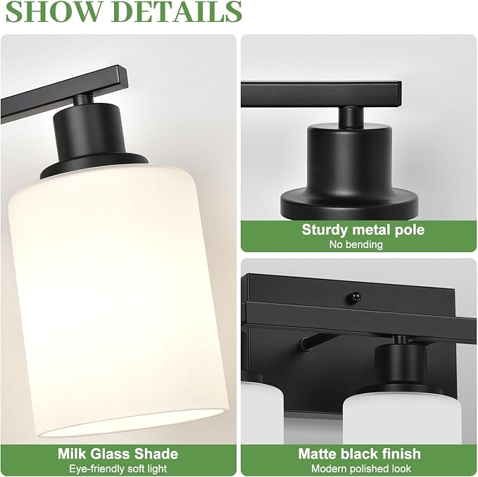 MOKATNG 7-Light Bathroom Light Fixtures, Vanity Light with Milky White Shades, Matte Black Bathroom Light Fixtures Over Mirror, Modern Bathroom Wall Lamp for Mirror Living Room Cabinet Bedroom