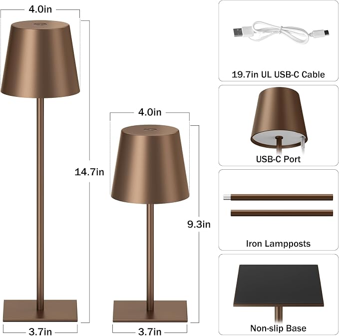 Kakanuo Brown Cordless Rechargeable Table Lamp, 2 Pack Portable Desk Lamp with 5000mAh Battery, Touch Control Stepless Dimming, for Dining, Outdoor Camping, Coffee Shop
