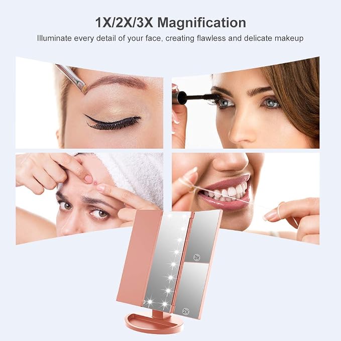 WEILY Makeup Mirror with 21 LED Lights,Two Power Supply Modes | Touch Screen and 1x/2x/3x Magnification Tri-Fold Vanity Mirror for Makeup Desk(Rose Gold)