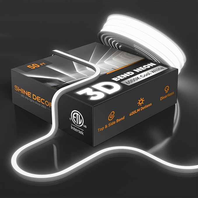 3D LED Neon Rope Light AC 120V 10x10mm, 6000K Cool White,50ft | Top & Side Bend, 400LM, Dotless, Driverless, IP65 Waterproof, Cold-Resistant, ETL Listed, Silicone Strip, for Home Commercial