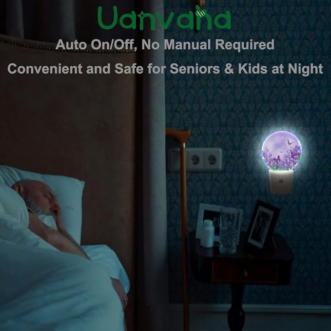 Flower Butterflies Night Light Purple Spring Crocuses Flowers Garden Butterfly LED Dusk to Dawn Plug-in Nightlight Auto Sensor for Bedroom Bathroom Hallway Living Room