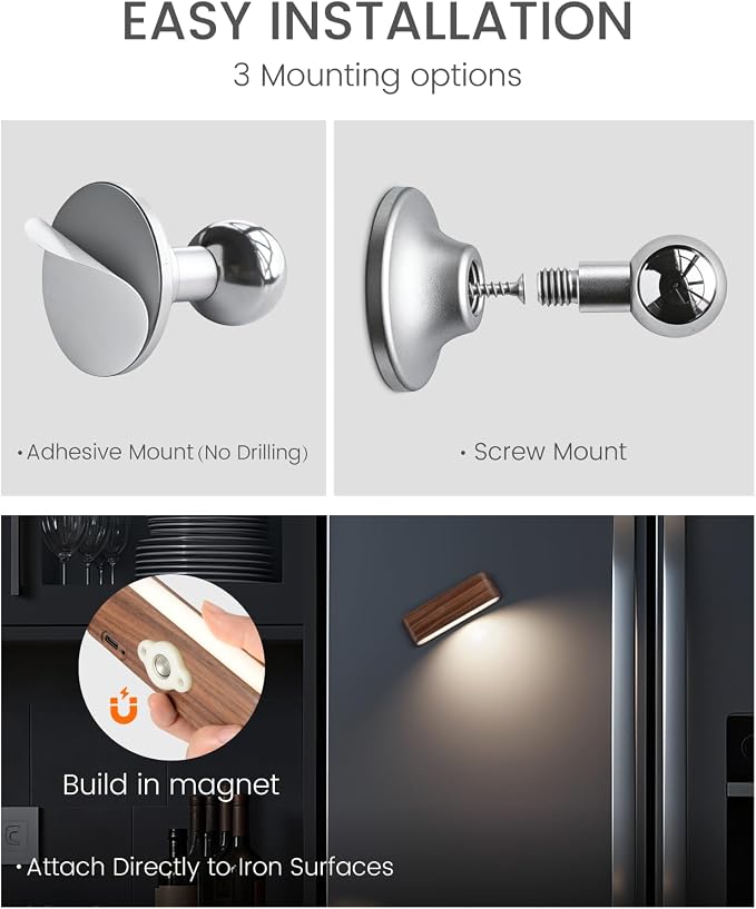 Wood Wall Sconce, Rechargeable Magnetic Wall Lamp, Dimmable | Bedside Reading, 360° Rotation, Stepless Dimming, 4000K Natural Light, Magnetic Installation for Bedroom Wall Lamps