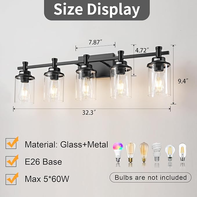 5-Light Black Bathroom Vanity Light, Modern Bathroom Light Fixtures Wall Sconces Over Mirror with Clear Glass Shade