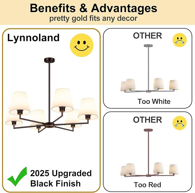 36" Oil-Rubbed Dining Room Light Fixture, No Assembly Required 6-Lights Kitchen Chandelier for Dining Room with White Fabric Shade, Chandelier Ceiling Light Fixture for Kitchen Bulb Not Included