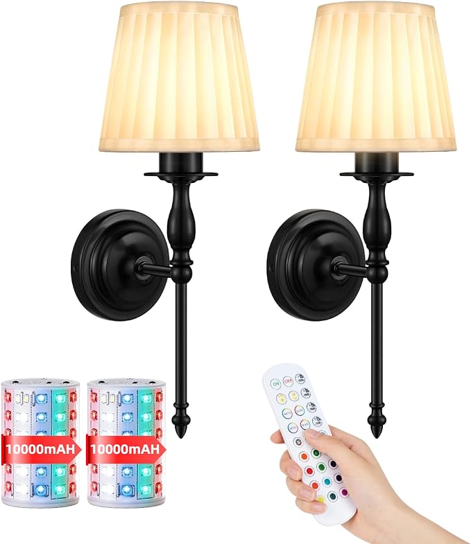10000mAh Battery Operated Wall Sconce Set of 2,Rechargeable Wall Sconces set of Two,Vintage Black Sconces Wall Decor,Wireless Wall Lamp,Cordless Wall Lights Living Room Bedroom (Not Peel and Stick on)