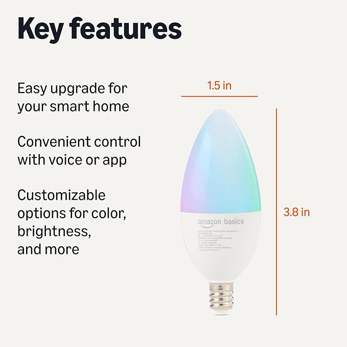 Amazon Basics Smart E12 LED Bulb, 6.0 Watts, 2.4 GHz Wi-Fi only, Works with Alexa Only, 4 Pack, Multicolor