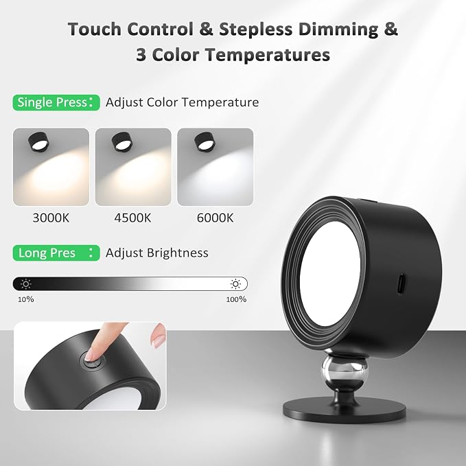 Racokky LED Wall Lights 2 Pcs with Remote, Wall Sconces Lighting 3000mAh Rechargeable Battery Operated, 3 Color Temperatures & Dimmable Magnetic 360° Rotation Cordless Lamp for Bedroom Hallway(Black)