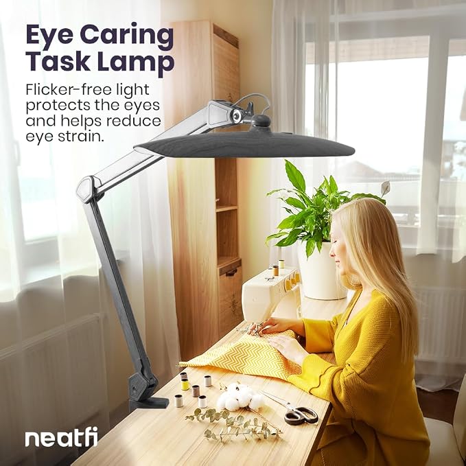 Neatfi XL 2200 Lumens 24W LED Desk Lamp – Shadow-Free Task Lighting | 4-Level Dimming | Home Office & Crafts Use | 20-Inch Wide Head (Gray Wood, Non-CCT with Clamp)
