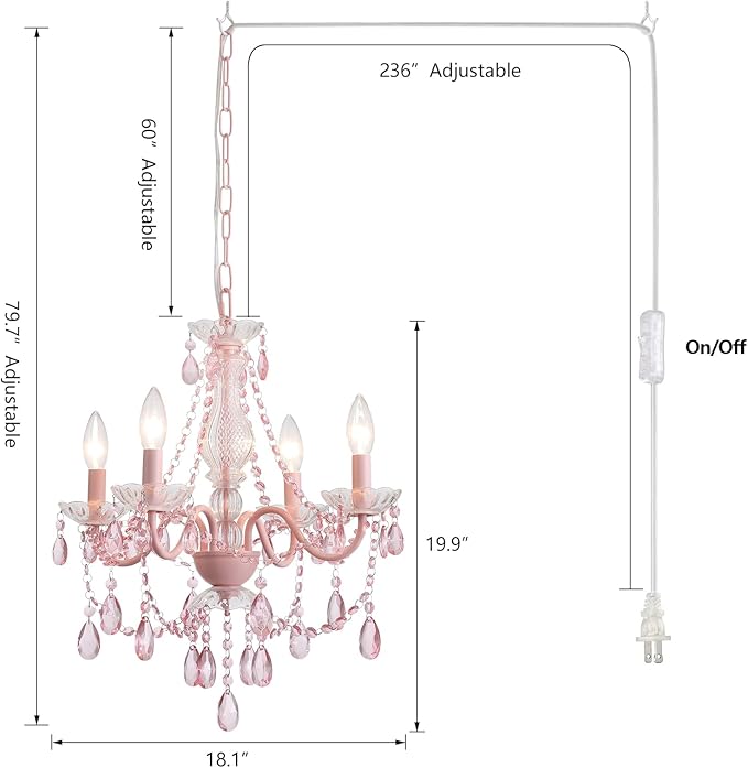 Plug in Crystal Pink Chandelier, Not acrylic Crystal,Mini 4 Lights for Girls Room,Pink Crystals Hanging Pendant Light with Clear Cord and On/Off, Chandelier for wedding, Kitchen, Dining,Foyer,Island