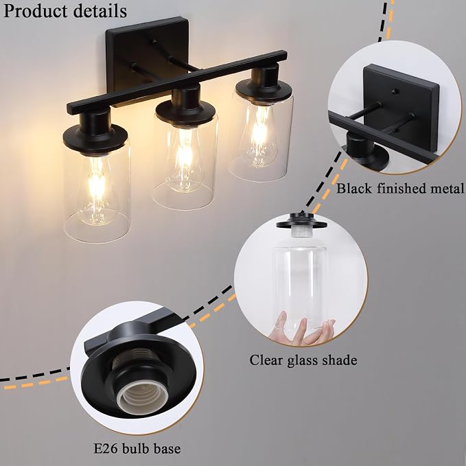 Matte Black Bathroom Light Fixtures Over Mirror,3-Light Bathroom Vanity Light with Clear Glass Shade,Modern Farmhouse Wall Sconces Lighting for Mirror Kitchen Living Room Cabinet