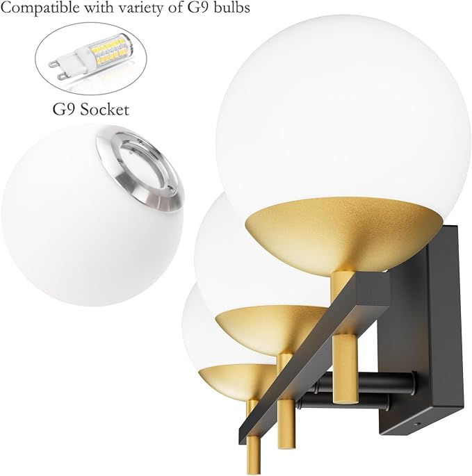 Ralbay Mid Century Modern Bathroom Vanity Lights Black and Gold Milky Glass Modern Bathroom Vanity Lights Over Mirror, Black/Golden 3-Light (Exclude Bulb)