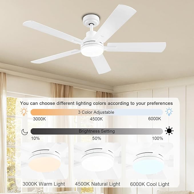 52 Inch Smart Ceiling Fan with Lights, Remote & App Control, DC Reversible Motor, 8 Speeds Quiet 35dB, 3CCT Dimmable LED, Low Profile Modern Ceiling Fans for Bedroom Living Room, White